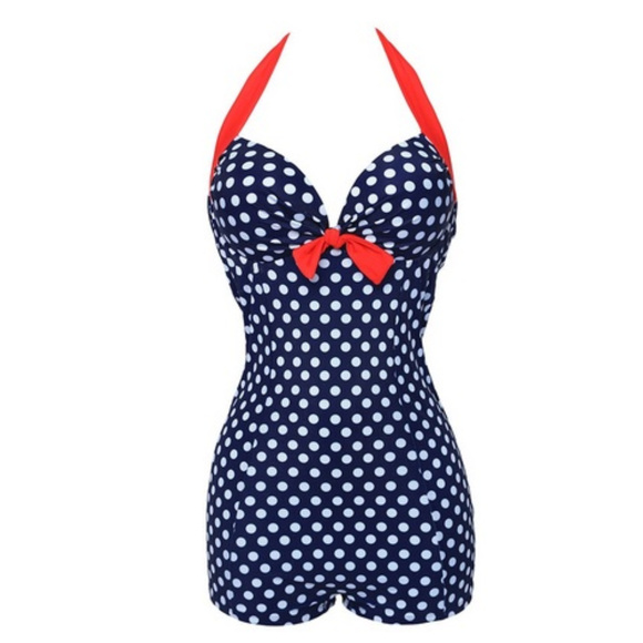 Swimsuit RETRO CHERRY Blue Polka Dot One Piece - Picture 4 of 8
